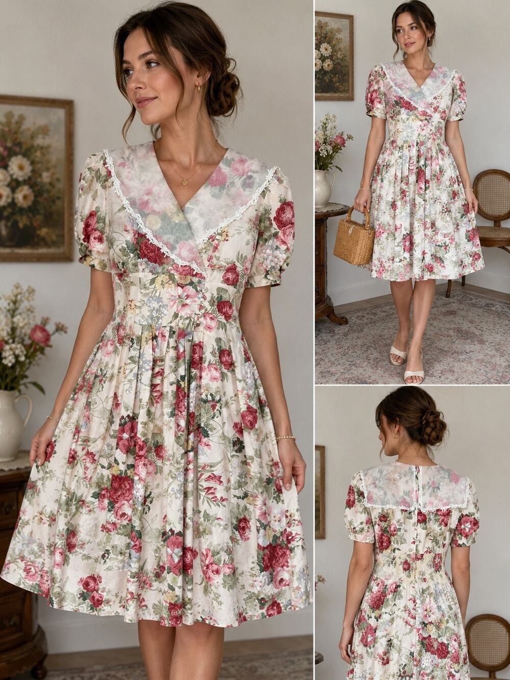 VTG Jessica Howard Dress Size 14 Pink Floral Puff Sleeve Lace Collar Cottagecore